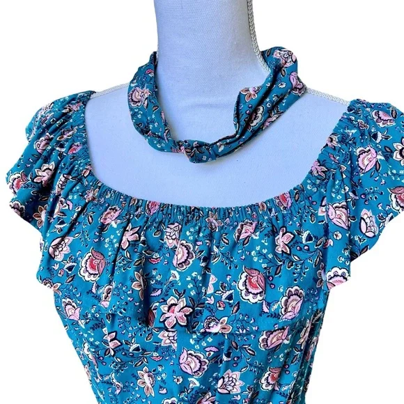 BeBop Like-new Blue Floral SunDress Elastic Ruffle Off Shoulder Mini Size M - Picture 2 of 11